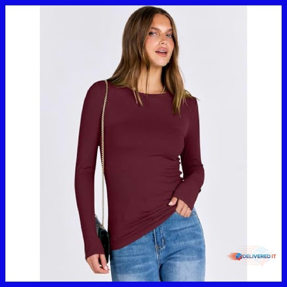 Slim Fit Long Sleeve Rib Knit Tee - Rayon Blend Basic Top - Picture 5 of 8